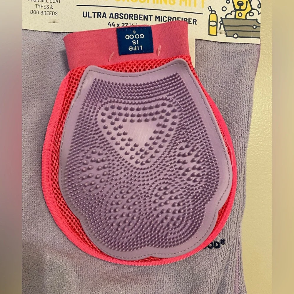 Life Is Good Purple Towel and Pink Grooming Mitt Set